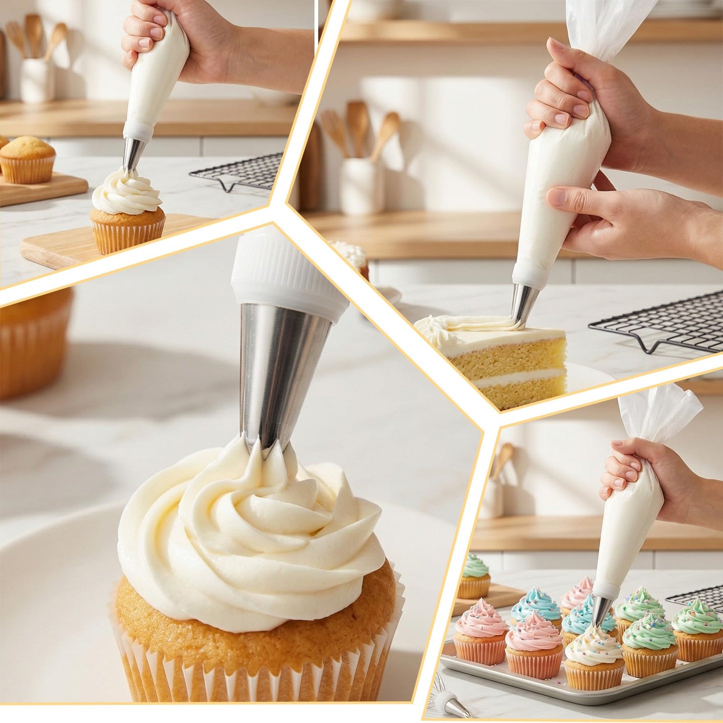200Pcs Pastry Piping Bags and Tips Set, 24-Inch Disposable Icing Bags for Cake Decorating Kit with 1 Coupler and 6 Stainless Steel Frosting Tips, Professional Cake Supplies