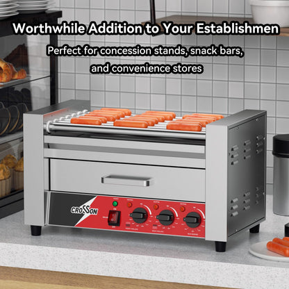 CROSSON Hot Dog 7 Roller with Bun Warmer,Commercial 7 Nonstick 304 Roller Grill Cooker Machine-120V, 1350W