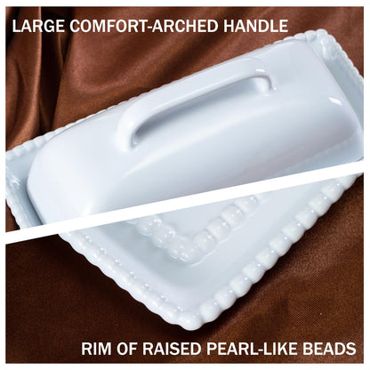 White Ceramic Butter Dish with Lid-Vintage Pearl Embossed Edge & Large Arc Handle-Keeps Butter Fresh on Countertop or in Fridge-Dishwasher & Microwave Safe
