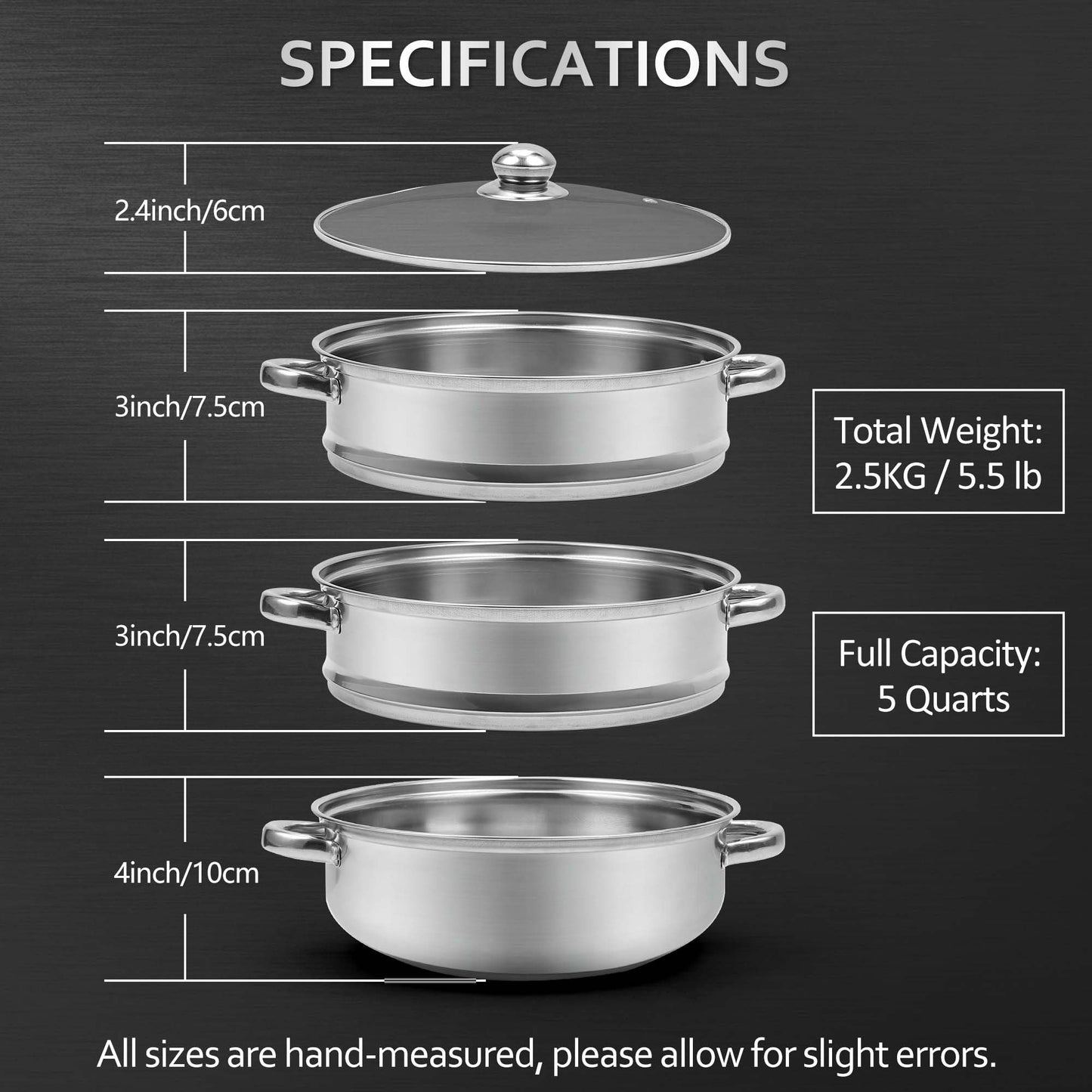 AuFranc® 5 Quart Steamer for Cooking - Stainless Steel Steam Pot with Steamer Basket, Multipurpose Cooking Stock Pot with Tempered Glass Lid, Non-Toxic Cookware for Slow Cooking and Steaming (Silver)