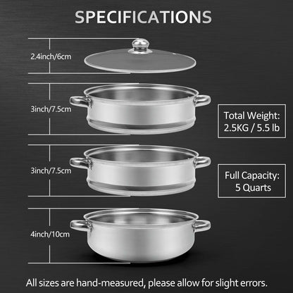 AuFranc® 5 Quart Steamer for Cooking - Stainless Steel Steam Pot with Steamer Basket, Multipurpose Cooking Stock Pot with Tempered Glass Lid, Non-Toxic Cookware for Slow Cooking and Steaming (Silver)