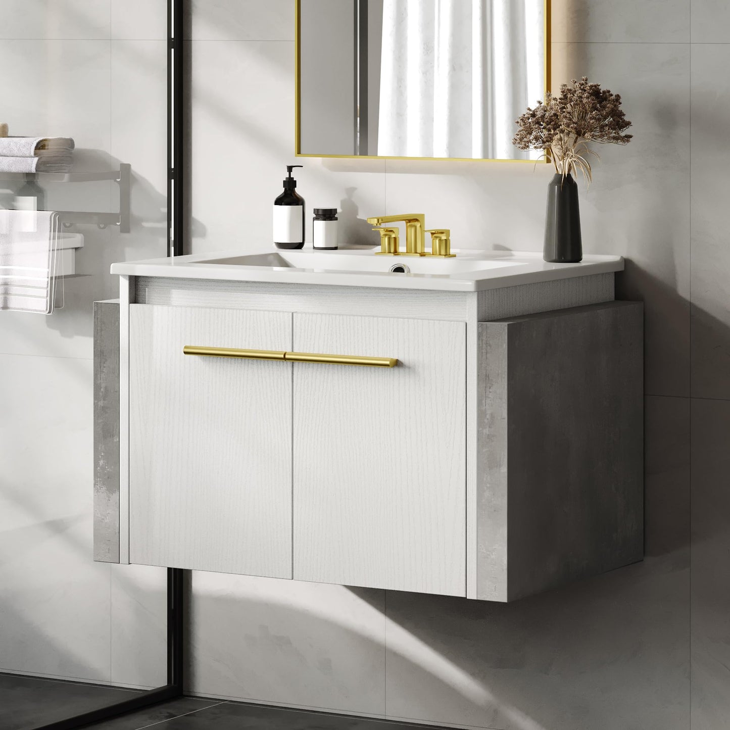 YITAHOME Bathroom Vanity 24 Inch White Soft-Closing Double Extra Large Doors Bathroom Floating Modern Vanity