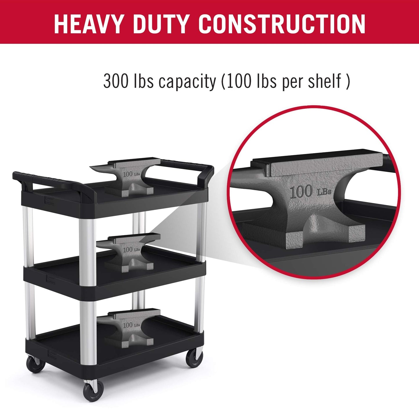 Suncast Commercial 3-Tier Heavy Duty Work Cart with Non-Marking Wheels, Ergonomic Handles, Holds up to 300 lbs, 20" x 40", Black and Silver, Made in the USA