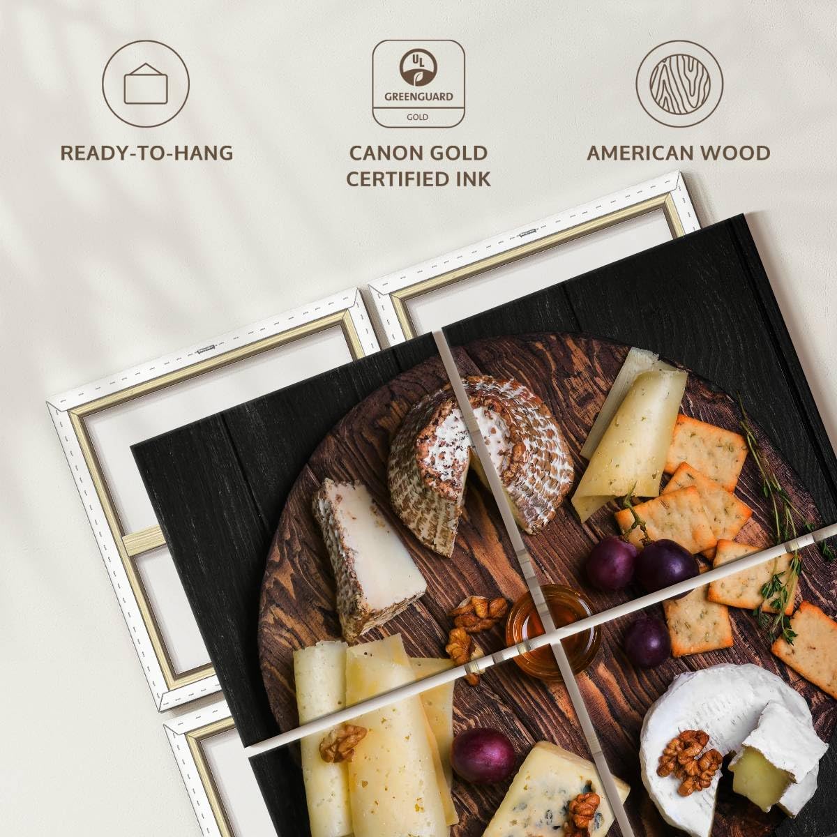 ElephantStock - Cheese Charcuterie Board Wall Art - Square Multi Panel Canvas - 4 Piece Dining Room Wall Decor - Photography Food And Drink Multi Piece Wall Art - Gray And Brown Decor - 45" x 45"