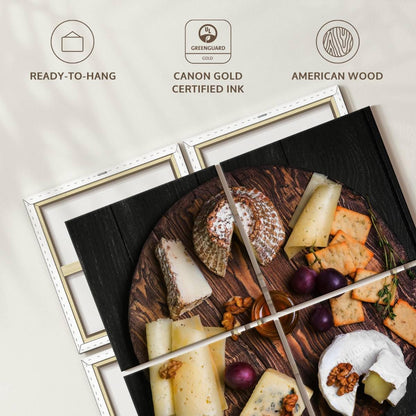 ElephantStock - Cheese Charcuterie Board Wall Art - Square Multi Panel Canvas - 4 Piece Dining Room Wall Decor - Photography Food And Drink Multi Piece Wall Art - Gray And Brown Decor - 45" x 45"