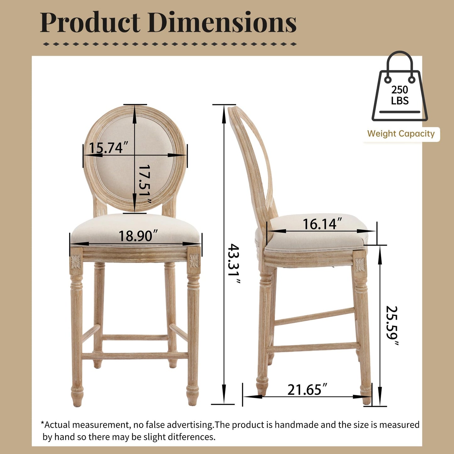 26" French Country Counter Height Chairs Set of 2,Upholstered Round-Back Bar Stools with Solid Wood Frame,Brushed Wire-Drawing Finish, Disassemblable Design for Kitchen,Living Room,Restaurant, Beige