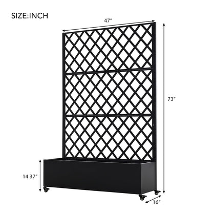 KEIKI 73"x47"x16" Metal Planter Trellis Box with Wheels & Drain Plug, Outdoor Resin Raised Garden Bed for Climbing Plants, Large Weather-Resistant Design, Black