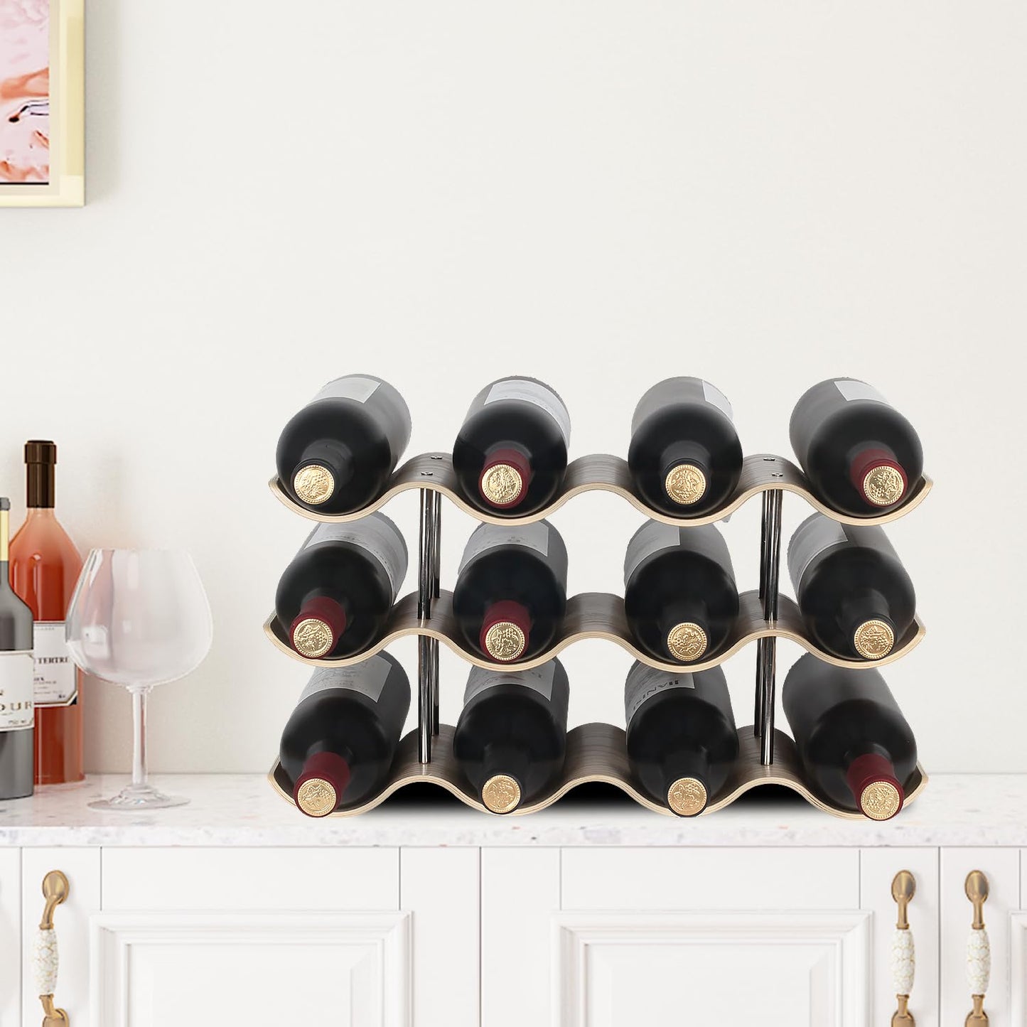 Bellglee 12 Bottles Wine Racks Countertop for Shelf, 3-Tier Wooden Wine Bottle Holder Stand, freestanding Wine Storage for Inside Cabinet Organizer for Home Décor, Bar and Pantry