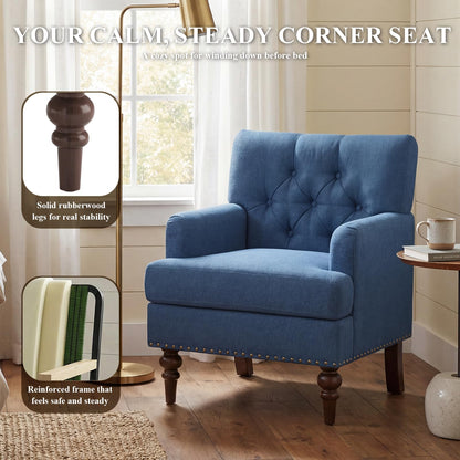 MALOL Upholstered Accent Chair Set of 2, Comfy Reading Chair for Living Room, Mid Century Modern Armchair with Thick Cushion & Solid Rubberwood Legs, for Bedroom/Small Spaces, Blue