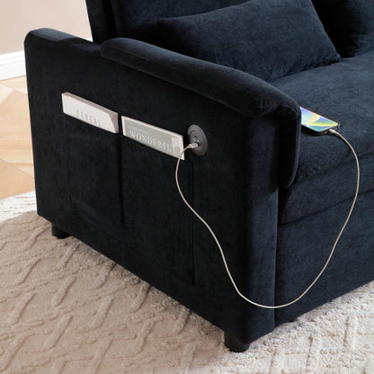 55" Convertible Futon Sofa Bed, Velvet 3 in 1 Sleeper Sofa, Pull Out Couch with USB Ports & 2 Waist Pillows, Adjustable Backrest Loveseat Sofa, Couches for Living Room, Apartment, Bedroom, Black