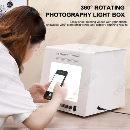 EXSHUING Jewelry Photography Light Box with Turntable, Dimmable Led Photo Tent – 360° Auto-Rotation, 1kg/2.2lbs Load, Hanging Bracket Included, 3000-5500k, CRI>92%, for Stunning Gemstone & Gold(TB30)