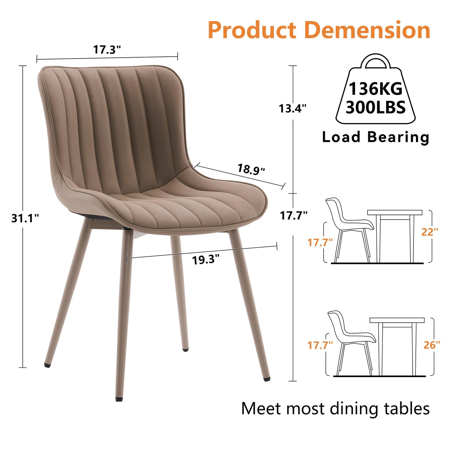 YOUNUOKE Mid-Century Modern Dining Chairs Set of 2, Khaki PU Leather Upholstered Kitchen Chairs with Khaki Metal Legs, Armless Accent Chair for Dining Room, Guest Reception Room