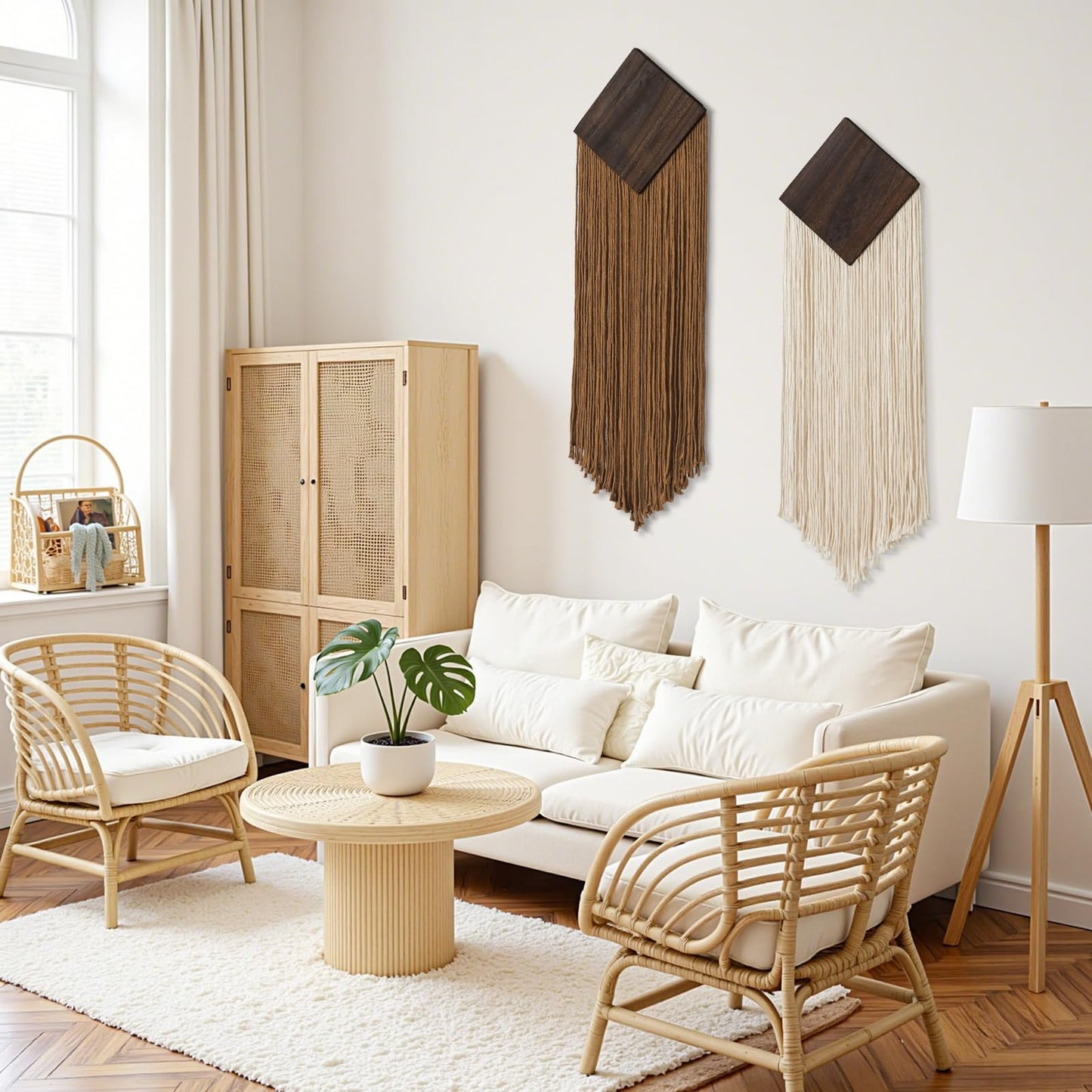 KHOYIME Macrame Wall Hanging Boho Chic Home Decor, 2PCS Bohemian Brown Beige Vertical Tassel Yarn Tapestry Modern Farmhouse Wall Art Decorations for Living Room Bedroom Nursery Office 11''W x 36''L