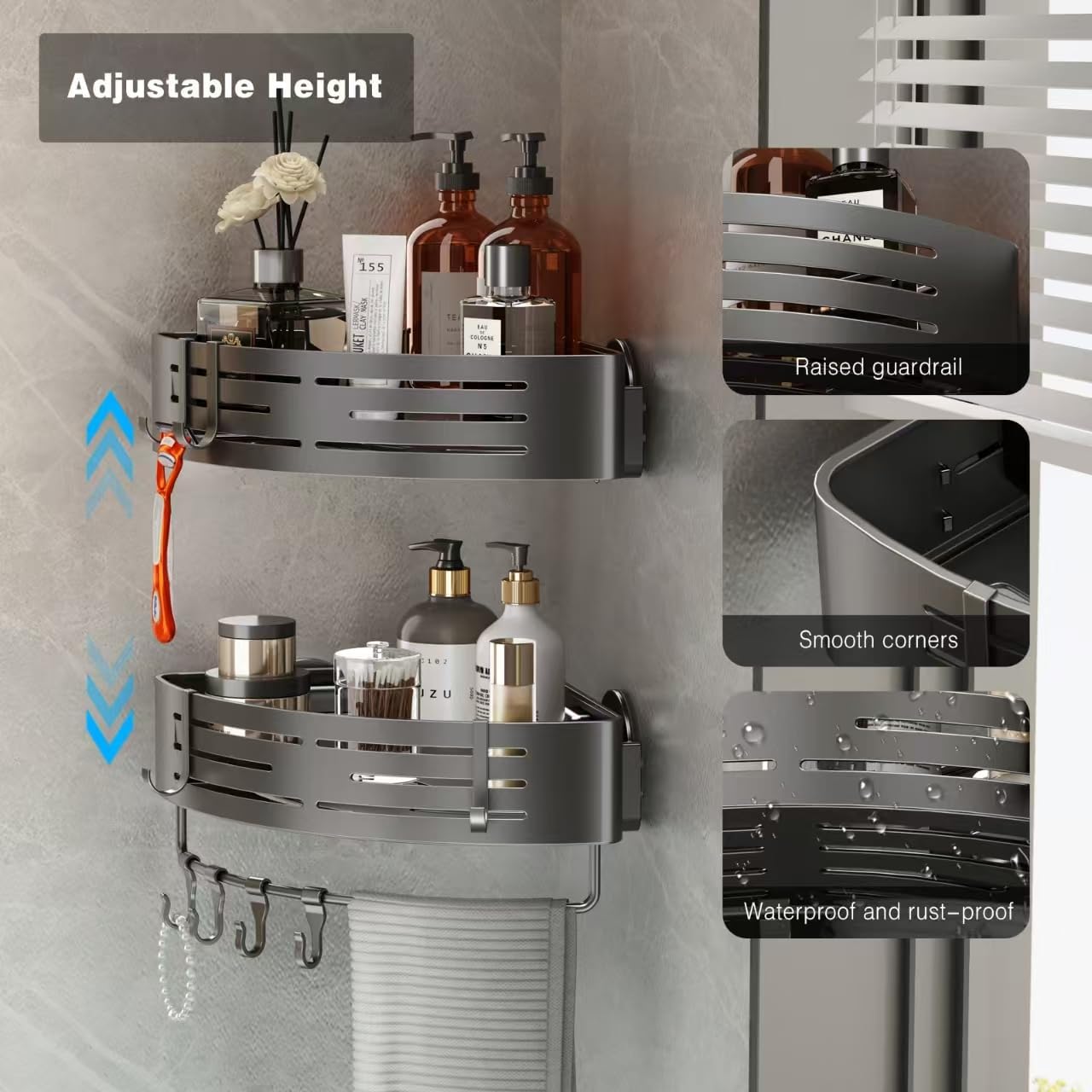 1 Pack Voldra Corner Shower Caddy Suction Cup, Corner Shower Shelves No Drilling, Aluminum Upgrade Suction Cup Shower