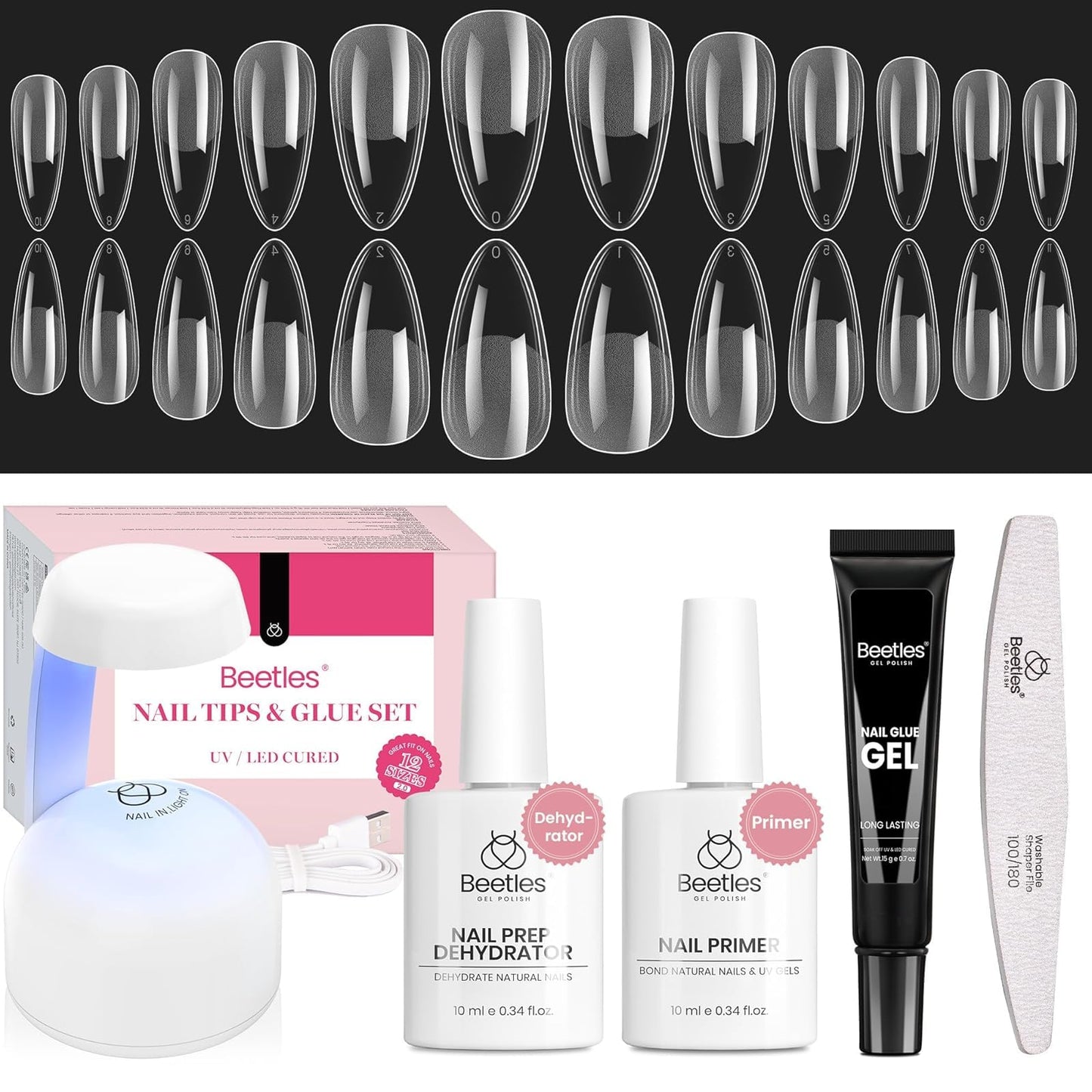 Beetles Gel Nail Kit Short Almond with Nail Dehydrator and Primer, 576Pcs Half Matte Etch-X Gel Nail Tips Solid Nail Glue Mini Nail Lamp Acrylic Nail Tips Easy DIY Nail Extension Set Gift for Women
