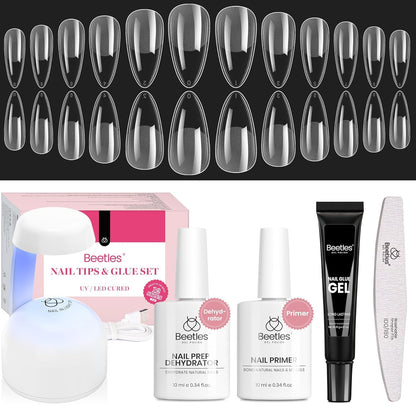 Beetles Gel Nail Kit Short Almond with Nail Dehydrator and Primer, 576Pcs Half Matte Etch-X Gel Nail Tips Solid Nail Glue Mini Nail Lamp Acrylic Nail Tips Easy DIY Nail Extension Set Gift for Women