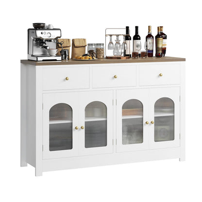Farmhouse Large Buffet Sideboard Cabinet with 4 Doors & 3 Drawers, Kitchen Cabinet Display Cabinet with Adjustable Shelf, Wine Buffet Cabinet with Storage for Dining Room, Living Room, White