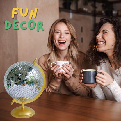 MFGDISCO Disco Ball Globe, Home Decor Statues, Classic Tabletop Art Sculpture with Metal Base, Discoball Unique Western Modern Decorative Aesthetic Sculptures, 8.5" x 8" x 12", Bright Gold
