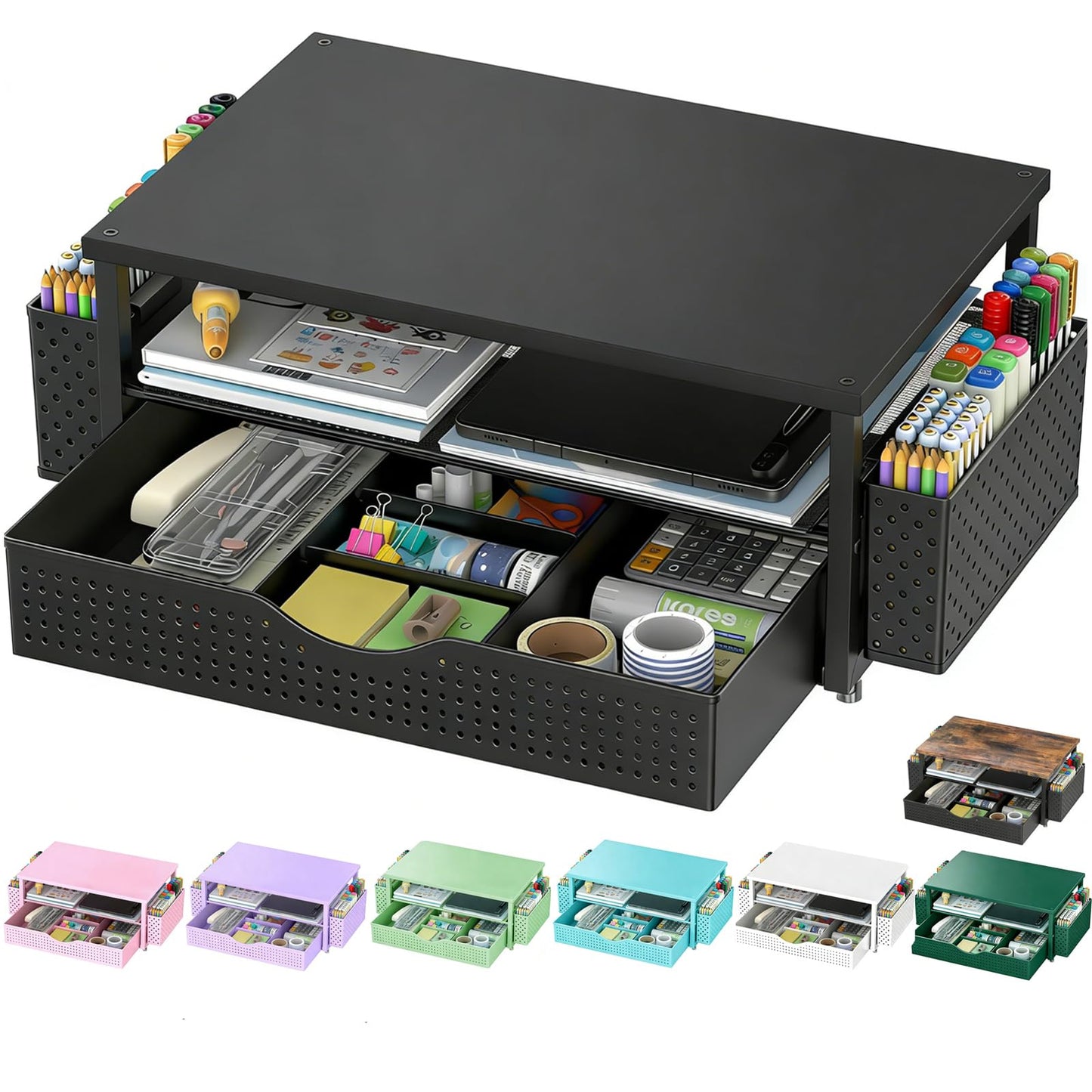 Spacrea Desk Organizer and Accessories, Computer Monitor Stand Riser with Drawer and 2 Pen Holders, Office Desk Accessories & Workspace Organizers for Office Supplies (Black)