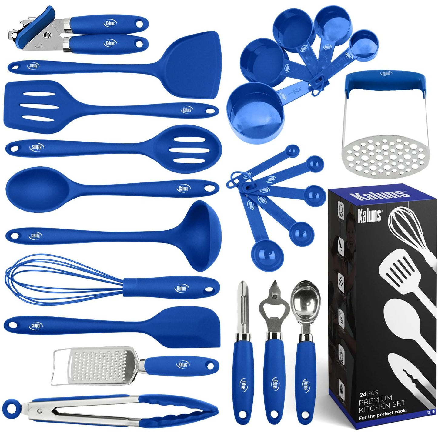 Kaluns Silicone Kitchen Utensils Set 24 Pcs Cooking Utensils Set - Can Opener, Masher, Turner, Spatula 446°F Heat Resistant Non-Stick - Premium Silicone and Stainless Steel Utensil Set