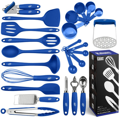 Kaluns Silicone Kitchen Utensils Set 24 Pcs Cooking Utensils Set - Can Opener, Masher, Turner, Spatula 446°F Heat Resistant Non-Stick - Premium Silicone and Stainless Steel Utensil Set