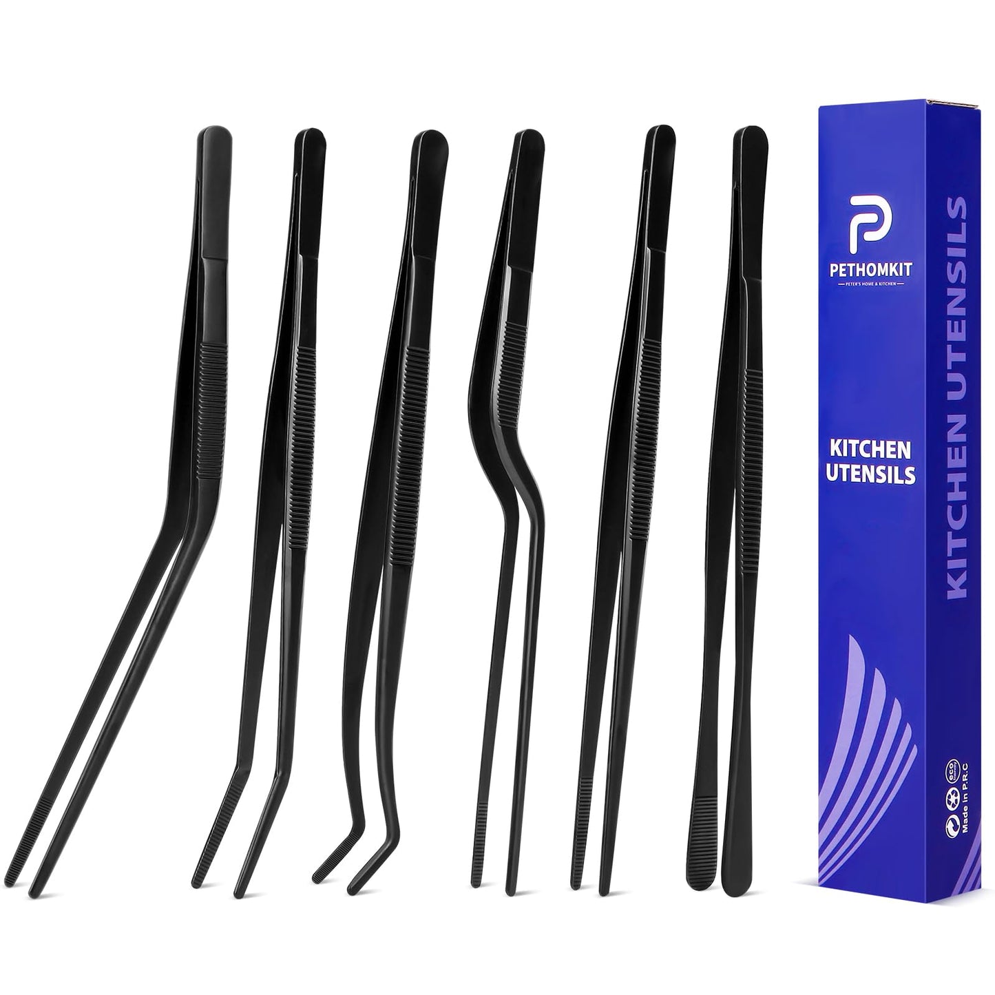 Kitchen Tweezer Tongs Set,6 Pcs Kitchen Tweezers,8" Cooking Tweezers Set,Stainless-Steel Food Chef Culinary Tweezers Tongs for Baking Decorating Feeding Plating,Black