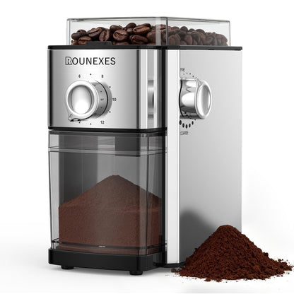 ROUNEXES Electric Flat Burr Coffee Grinder, Coffee Grinder with 17 Grind Settings, Coffee Beans Grinder with Removable Burr, Large Capacity Bean Hopper & Compact Design for Home&Office