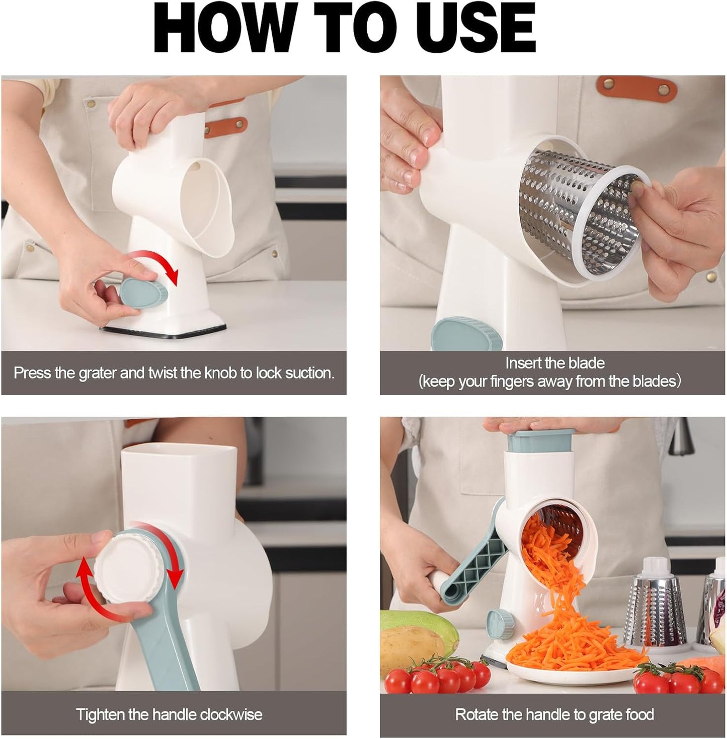 GORCI 3 Cheese Grater Cheese Shredder with Interchangeable Blades, Rotary Cheese Grater Manual Vegetable Slicer