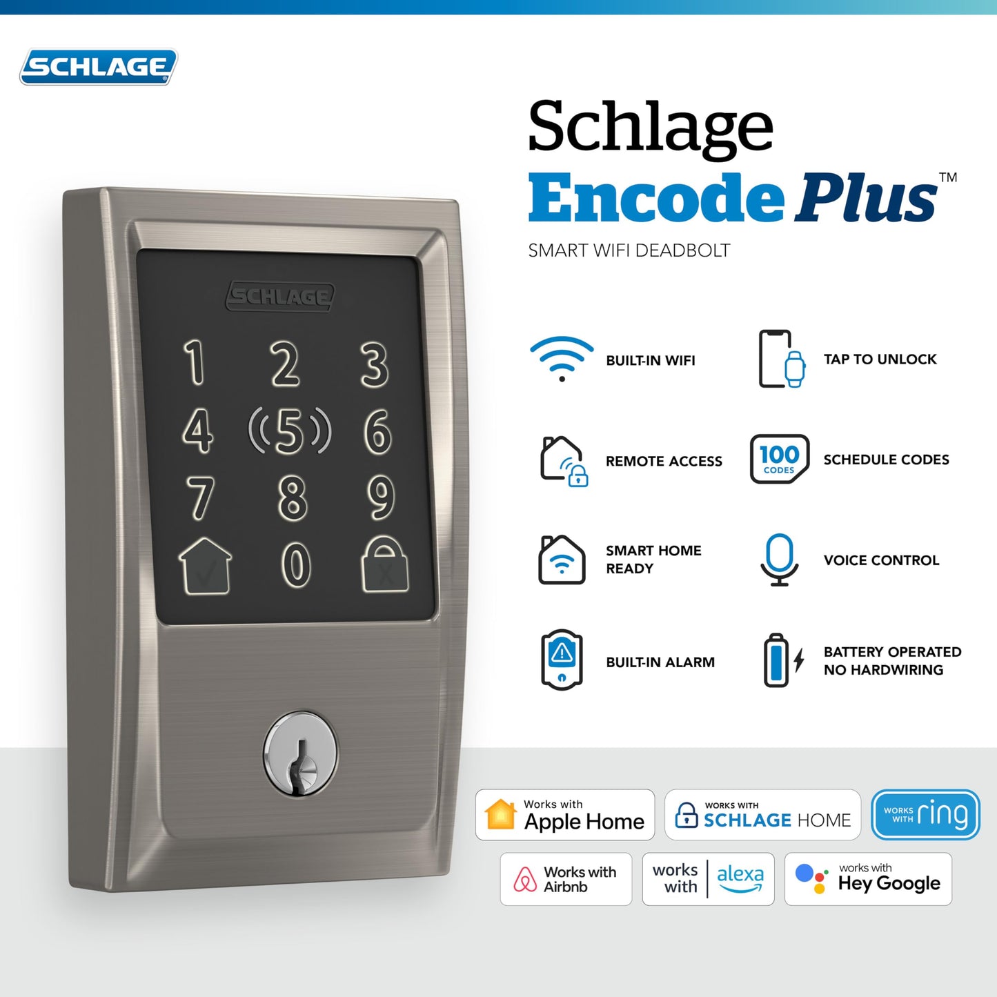 Schlage BE499WB CAM 619 Encode Plus WiFi Deadbolt Smart Lock, Keyless Entry Touchscreen Door Lock with Camelot Trim, Satin Nickel