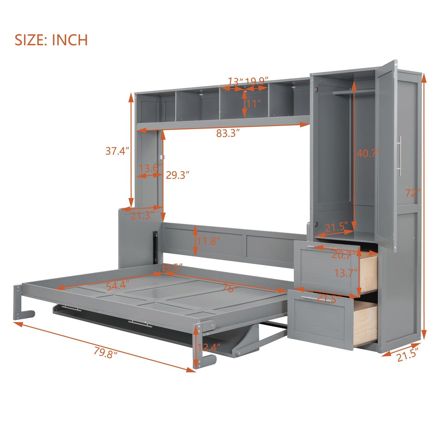 Merax Full Size Murphy Bed, Wall with Closet and Drawers, Storage Space Saving Muti-Functional Beds Frame for Home Office Guest Room, Gray