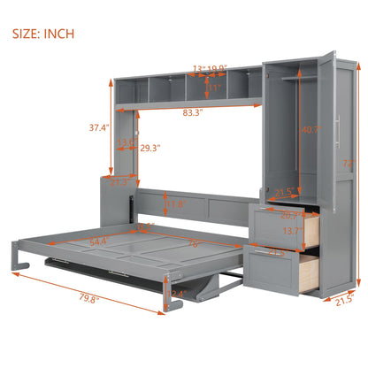 Merax Full Size Murphy Bed, Wall with Closet and Drawers, Storage Space Saving Muti-Functional Beds Frame for Home Office Guest Room, Gray