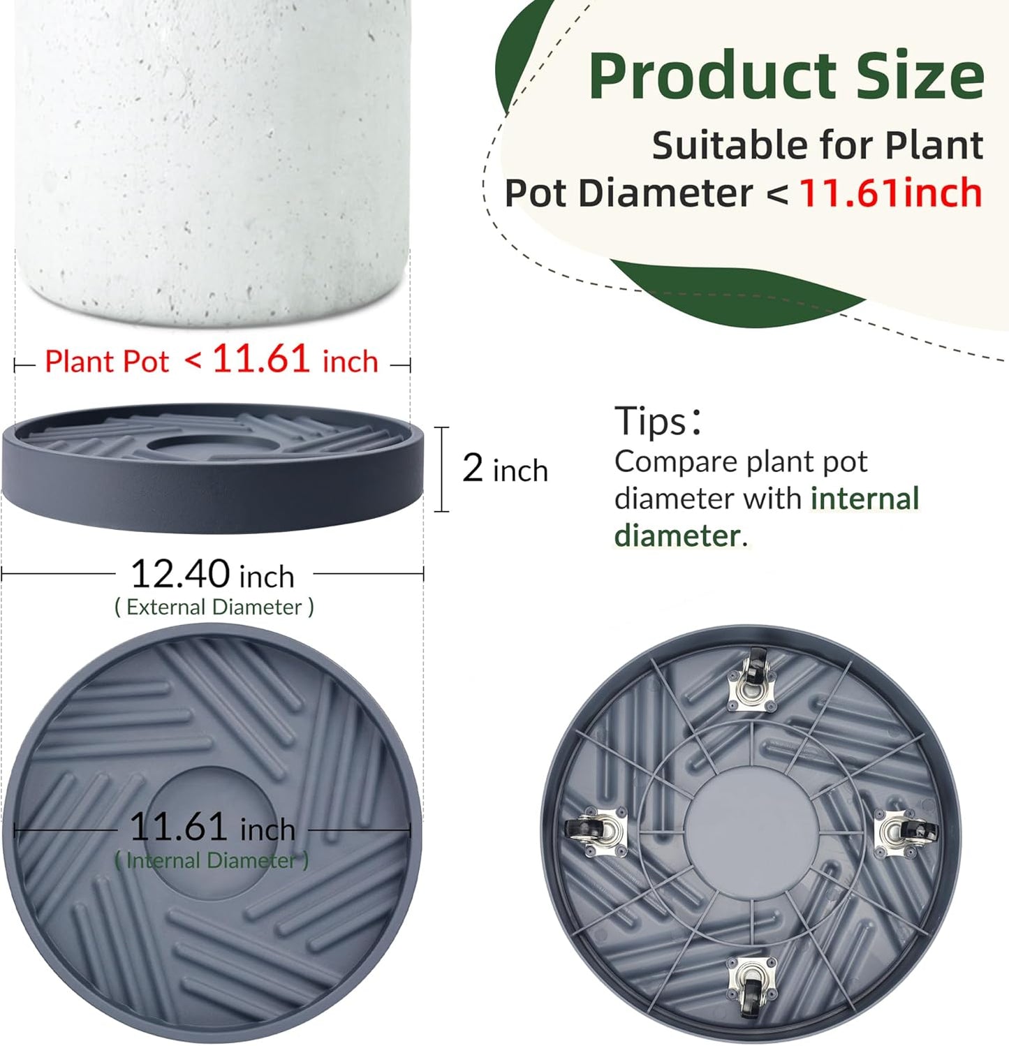 2PCS 12 inches REDHUGO Round Plant Caddy with Hidden Wheels, Heavy Duty Rolling Plant Stand Caddy with Wheels, Pot Base