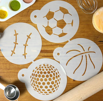 Designer Stencils Large Sports Ball Cookie Stencils, Basketball - Golf - Soccer - Baseball, Beige/semi-transparent