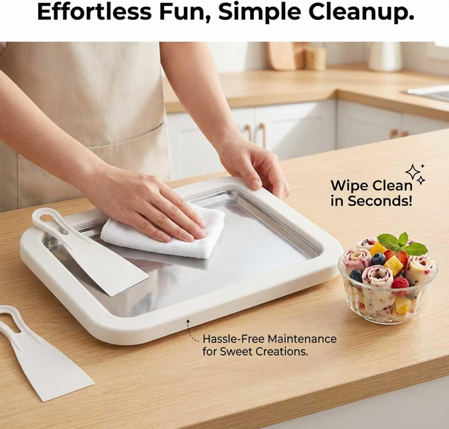 2 Frozen Rolled Ice Cream Maker Kit, DIY Ice Cream Roll Tray with Scrapers, No Electricity Required, Stainless Steel