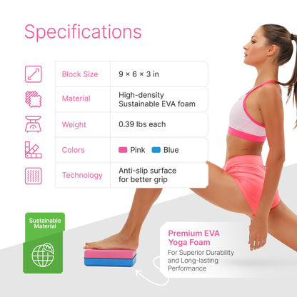 Yoga Blocks 2 Pack Set with Dance Stretch Band & Guide: Non-Slip EVA Foam Block - Ideal Stretching Equipment for Home Workouts, Pilates, Dance, Ballet, Gymnastics, Exercise - Stretch Strap Stuff Props
