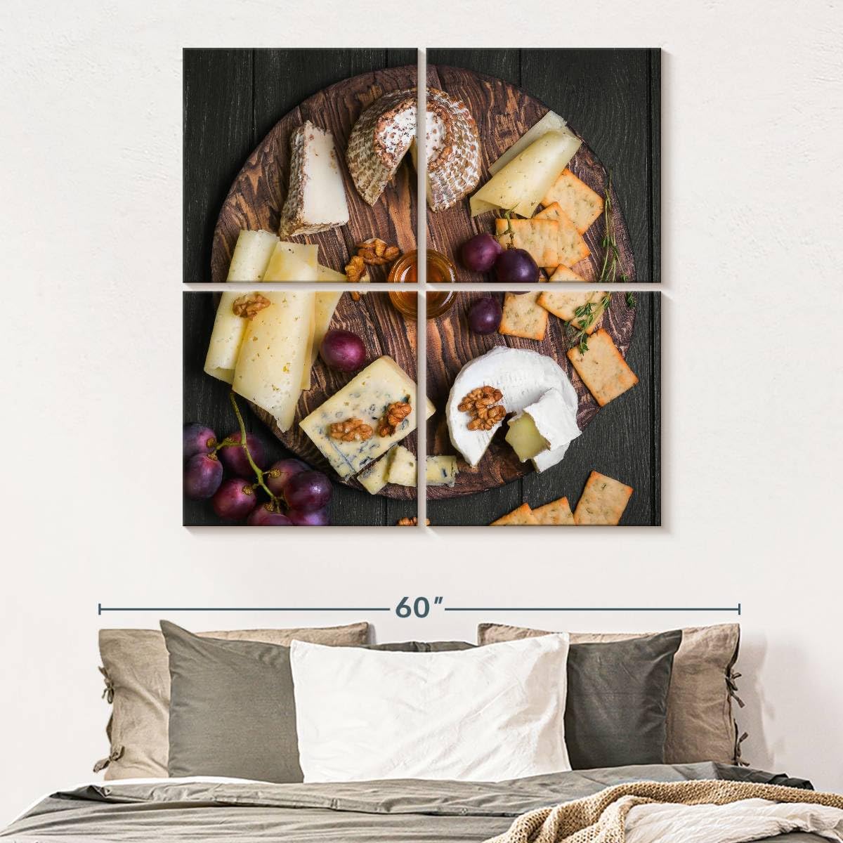 ElephantStock - Cheese Charcuterie Board Wall Art - Square Multi Panel Canvas - 4 Piece Dining Room Wall Decor - Photography Food And Drink Multi Piece Wall Art - Gray And Brown Decor - 45" x 45"