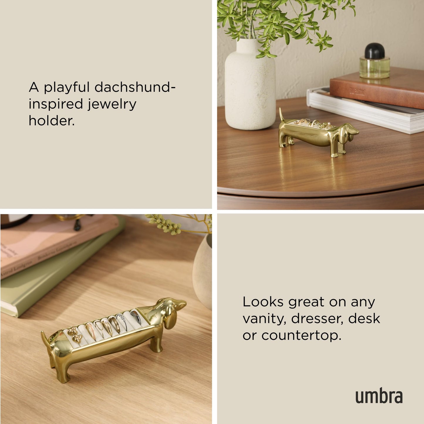 Umbra Dachsie Ring Holder - Gift for Weiner Dog Dachshund Doxie Lover - Jewelry Storage, Brass