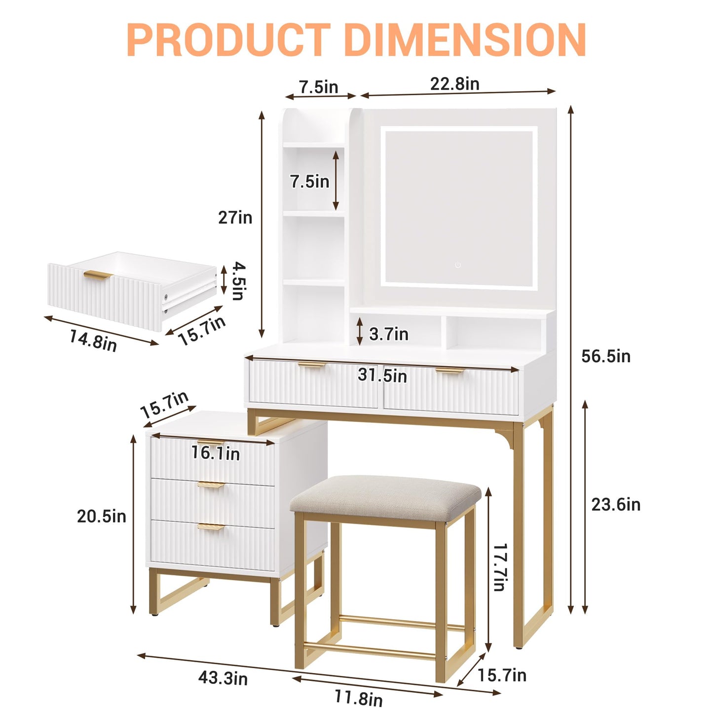GAOMON Modern LED Makeup Vanity Desk with Mirror – 5 Drawers, Removable Side Cabinet, Cushioned Stool, Adjustable Lights – Bedroom Dressing Table for Girls & Women – Gold Iron + White Plate + Gold