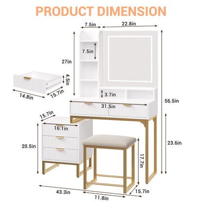 GAOMON Modern LED Makeup Vanity Desk with Mirror – 5 Drawers, Removable Side Cabinet, Cushioned Stool, Adjustable Lights – Bedroom Dressing Table for Girls & Women – Gold Iron + White Plate + Gold