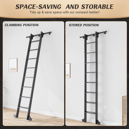 Fredbeck 9FT Rolling Library Aluminium Step Ladder 108" with 4FT Sliding Hardware Track Kit Bottom Wheel Included,for Kitchen,Loft,Warehouses,Bookstore,Atti,Dressing Room,Metal Black