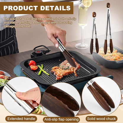 2 Pcs Wooden Tongs for Cooking & Serving Food, 12 & 15 Inch Stainless Steel Kitchen Salad Tongs with Walnut Wood Tip, Cooking Utensils Set for Salad BBQ and Serving Food