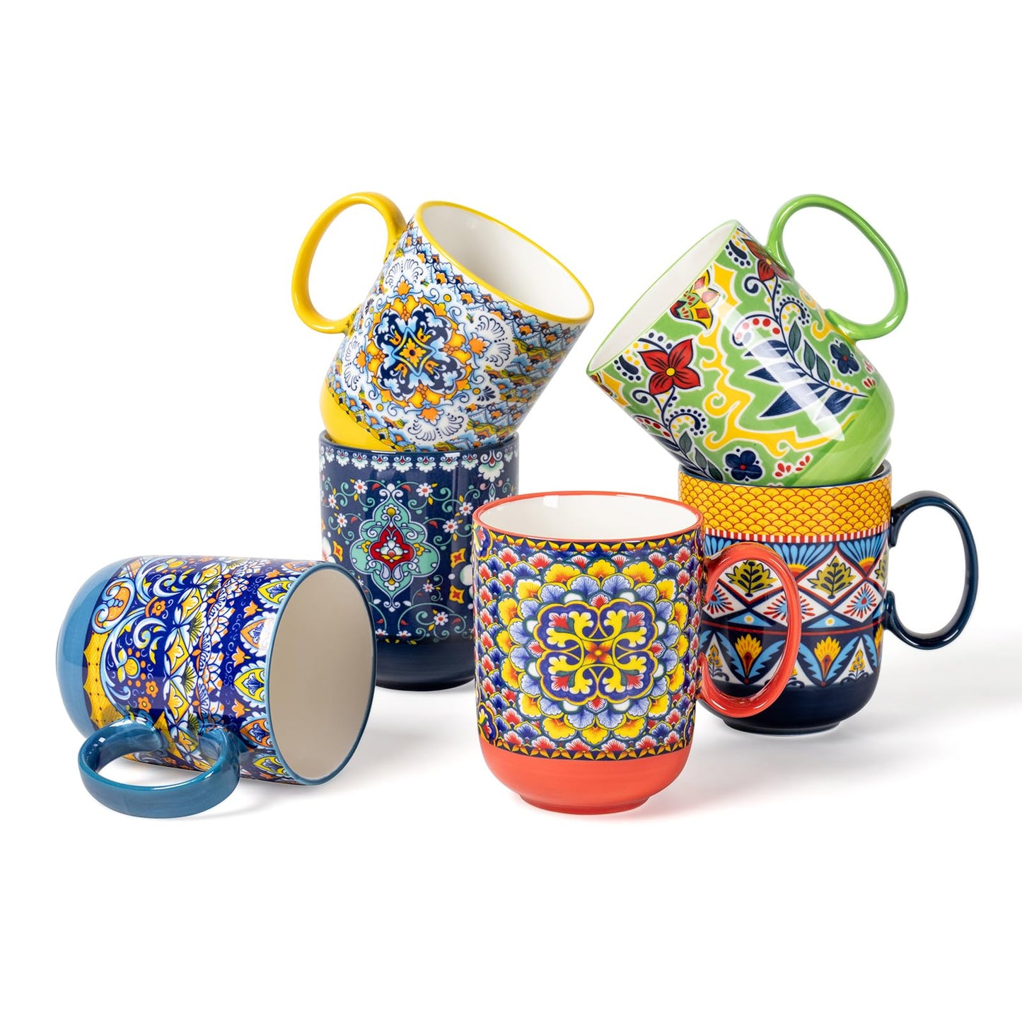 HENXFEN LEAD Boho Ceramic Coffee Mugs Set of 6 – 14 oz Porcelain Cups for Latte, Cappuccino, Tea & Cocoa – Microwave & Dishwasher Safe