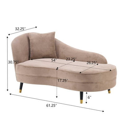 Merax 61" Velvet Curved Chaise Lounge Indoor with Pillow, Mid-Century Modern Upholstered Chaise Lounge Sofa with Left Armrest & Pillows, Wood Leg, Fainting Couch Sleeper Sofa for Living Room, Camel