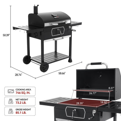 Royal Gourmet CD2030AN 30-Inch Charcoal Grill, Deluxe BBQ Smoker Picnic Camping Patio Backyard Cooking, Black, Large