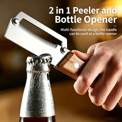 2-in-1 Multifunctional Vegetable Peeler, Premium Vegetable Peeler with Wooden Handle and Bottle Opener, Kitchen Tool for Fruit Apple Potato Pumpkin Papaya (2PCS)