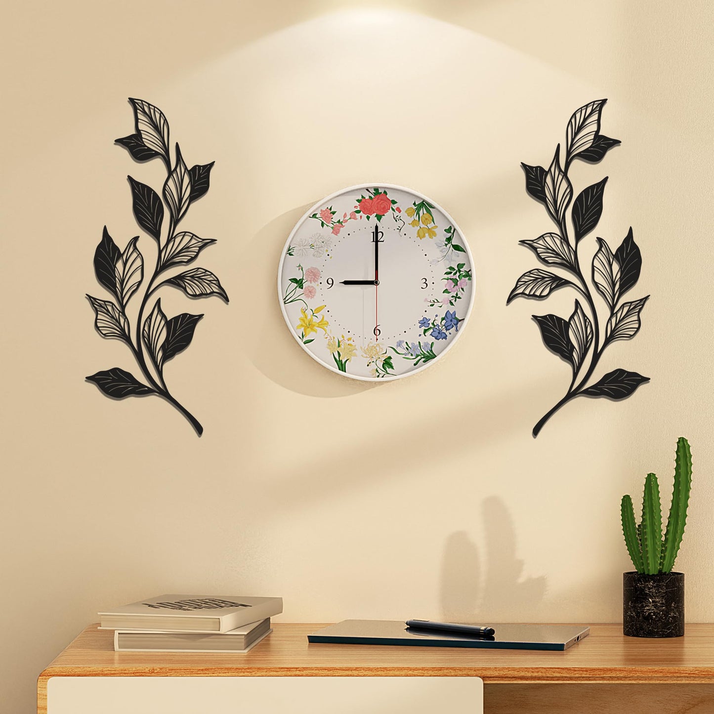 Slickss 14.6" 2 Pieces Metal Leaf Wall Art, 1mm Thick Matte Black Minimalist Vine Branch Decor, Above Door Bed Wall Hanging with Nail & Adhesive Mount Kit, Farmhouse Boho Decor for Home