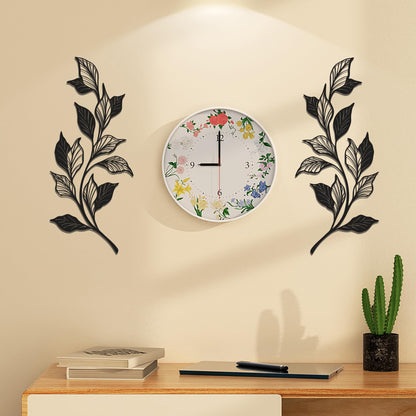 Slickss 14.6" 2 Pieces Metal Leaf Wall Art, 1mm Thick Matte Black Minimalist Vine Branch Decor, Above Door Bed Wall Hanging with Nail & Adhesive Mount Kit, Farmhouse Boho Decor for Home