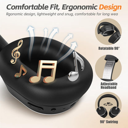 MMWOWARTS Hybrid Active Noise Cancelling Bluetooth Headphones,Bluetooth 6.0 Over Ear Wireless Headphones with 60H Playtime, Hi-Res Audio, Deep Bass, Memory Foam Ear Cups for Home Office Travel Black