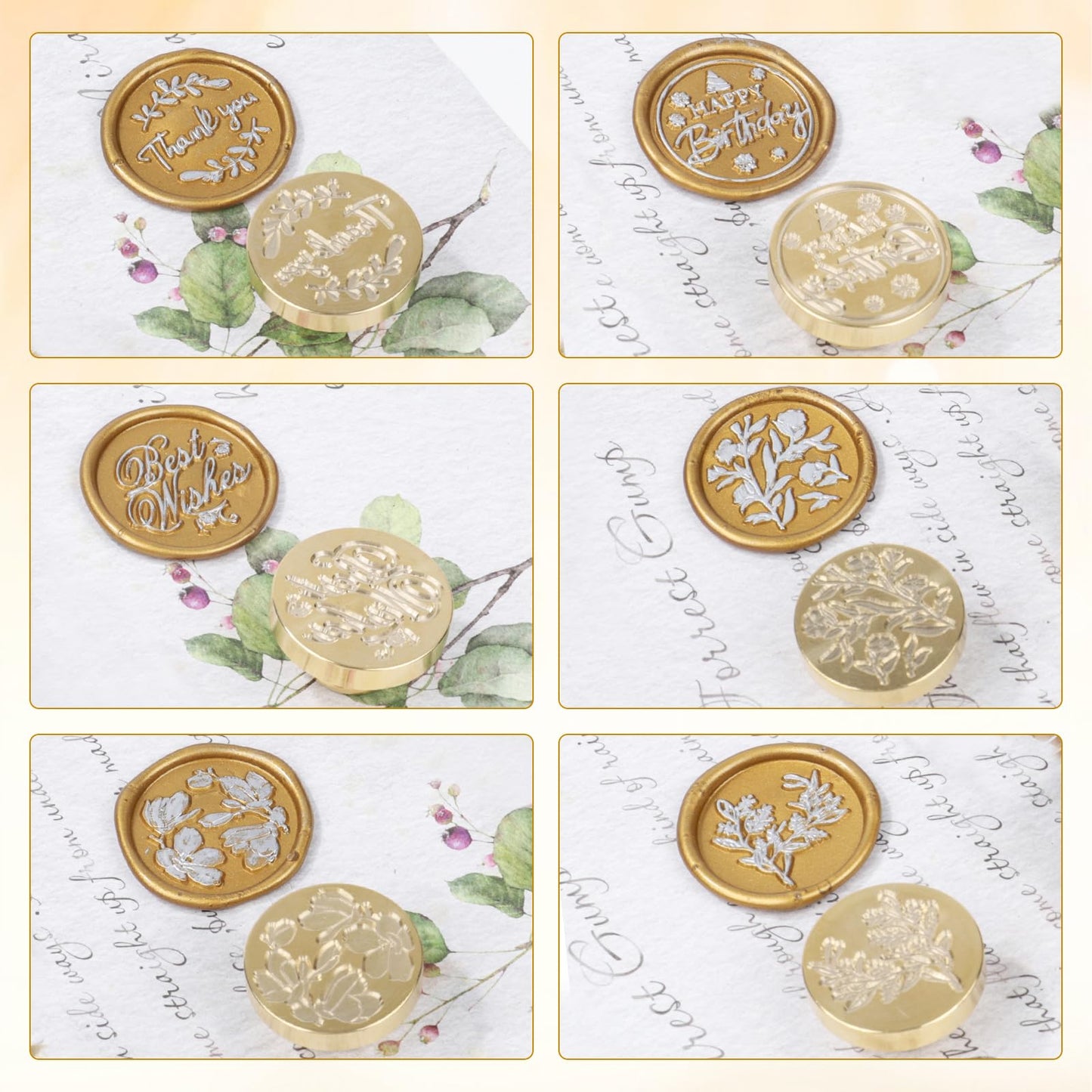 Aottom Wax Seal Kit, Wax Seal Stamp Kit with 24 Colors 624 Pcs Sealing Beads, 6 Packs Brass Stamp Heads, Melting Spoon, Tea Light Candles for Wedding Invitation Envelope Letter Christmas Gift Wrapping