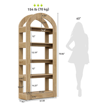 LITTLE TREE 5-Tier Bookshelf, Arch-Shaped Racks, Tall Standing Wooden Bookcase Display Shelf Modern Storage Solution (2, Teak Color)